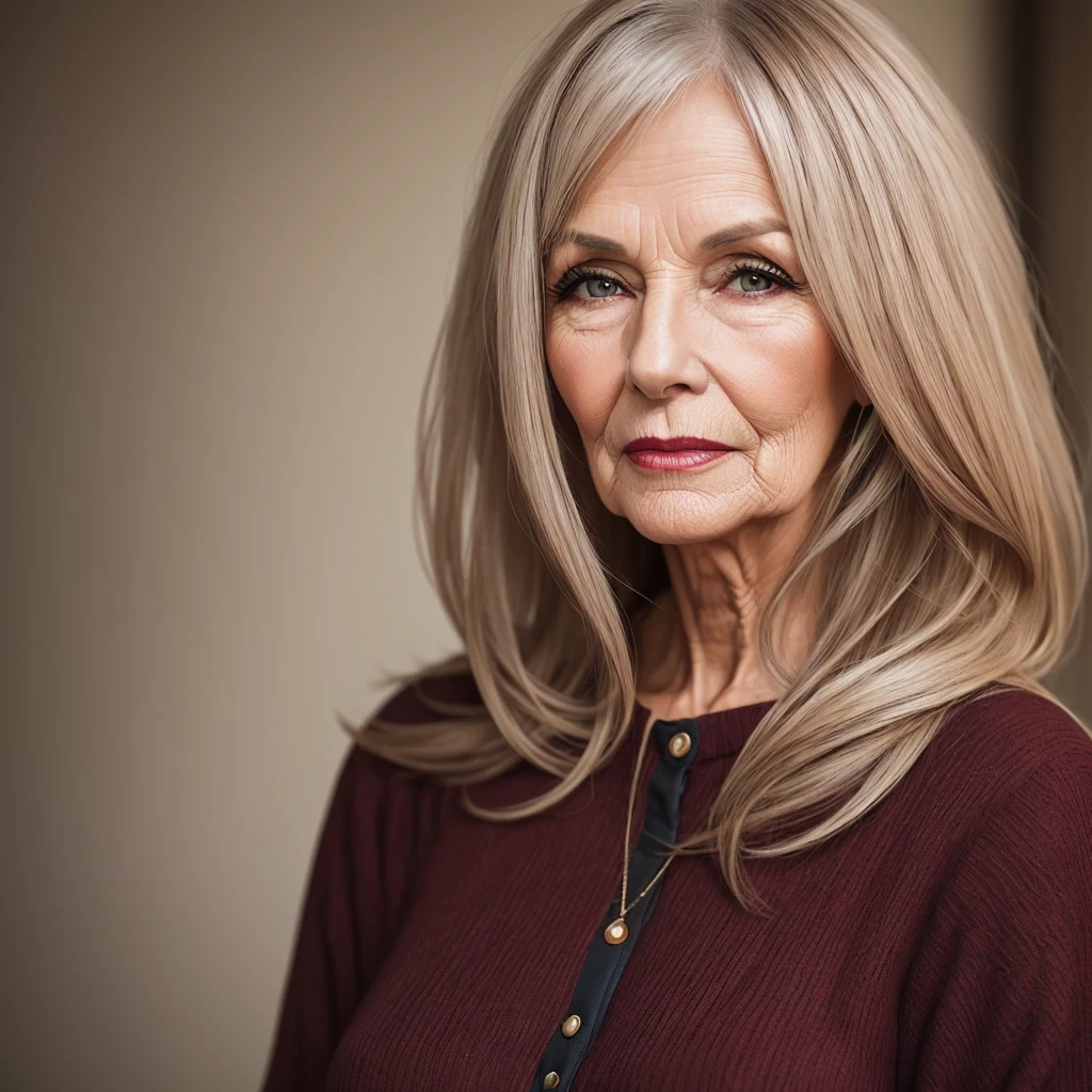 70 year old woman with long dark dyed blonde hair and dark reddish lips