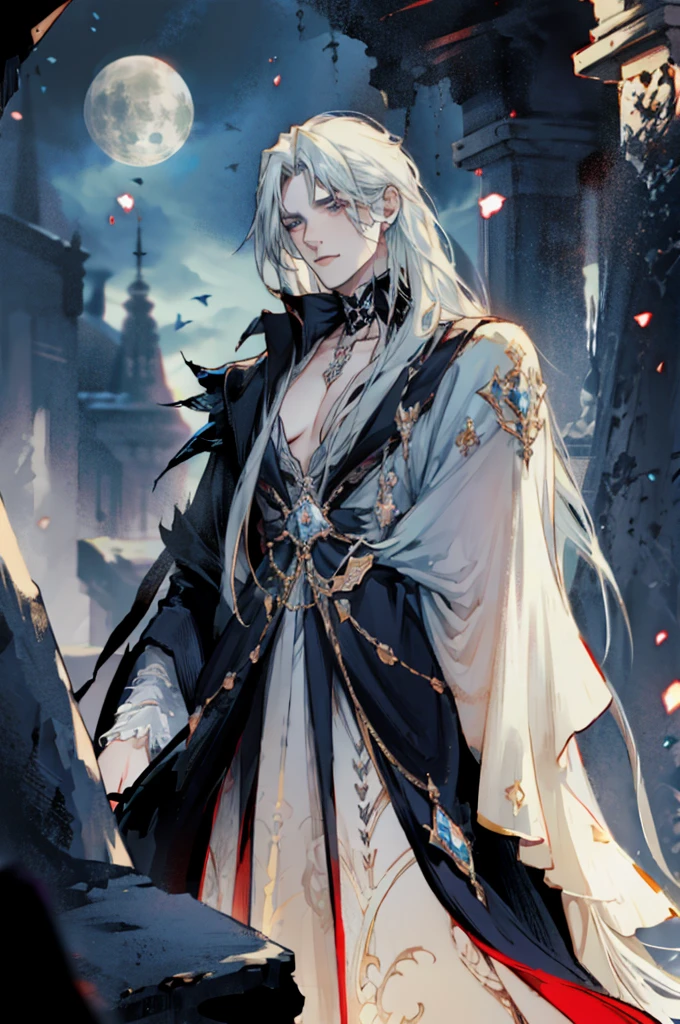 a vampire His physical features should be similar to those of Alucard from Castlevania: Symphony of the Night. It should have an elegant and mysterious appearance, with long silver hair, piercing eyes and sharp facial features. Wear dark and gothic style clothes. Your presence must be imposing and noble, reflecting his aristocratic origin and supernatural power, emerging from a lake with the full moon in the background