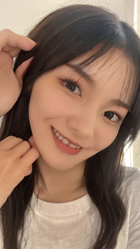 (((smile、Focus on the eyes:1.1、Extremely detailed:1.22、Ultra-high resolution、masterpiece:1.45、Highest quality)))、((((Whole body expression:1.68、camisole、Leaning forward、One person))))、long, straight black hair、So that every single hair is clearly visible、The subtle color changes of hair depending on how the light hits it、 Skin has a natural glow、Fine skin texture、Representing the fine details of pores:1.25、Details of the light redness on the forehead and cheeks、(((Eyes with fine iris details、The eyes depict color gradations and patterns.、Long, natural-looking eyelashes, each and every one visible、Well-groomed eyebrows、眉毛のindivual々The hair is clearly visible、Light reflecting off into the eye、The light in the eyes creates small highlights)))、The nose is delicate、Fine detail on the nostrils、Lips are plump and naturally pink、Depicts the fine lines and soft curves of the lips、lips are shiny and、The gloss on your lips accentuates their shape.、(((Detailed depiction of lip texture、Particular attention to the depiction of light and shadow、Soft natural light gently illuminates the face from the front、A faint glow on the forehead、A slight shine on the nose、A slight glow on the cheeks、Shadows are cast softly along the contours of the face、Accentuate the sides of your cheekbones、Accentuate the sides of the jawline、Emphasize the sides of the nose、The gloss on her lips reflects the light faintly、Lips emphasize the plump texture、The shadow of the hair gives depth and dimension、indivual々The hair shines in the light、