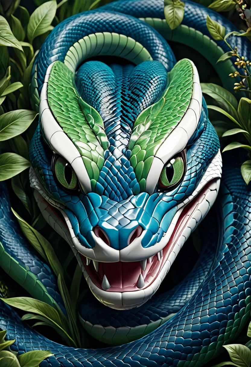 Mechanical snake head,lifelike,Anthropomorphic snakes,Character setting,Ultra-detailed graphics,8K,magazine cover,Floral background decoration,Strong color contrast,Darker color,Blue, green and white