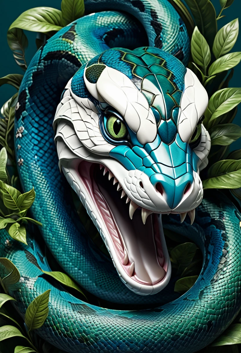 Mechanical snake head,lifelike,Anthropomorphic snakes,Character setting,Ultra-detailed graphics,8K,magazine cover,Floral background decoration,Strong color contrast,Darker color,Blue, green and white