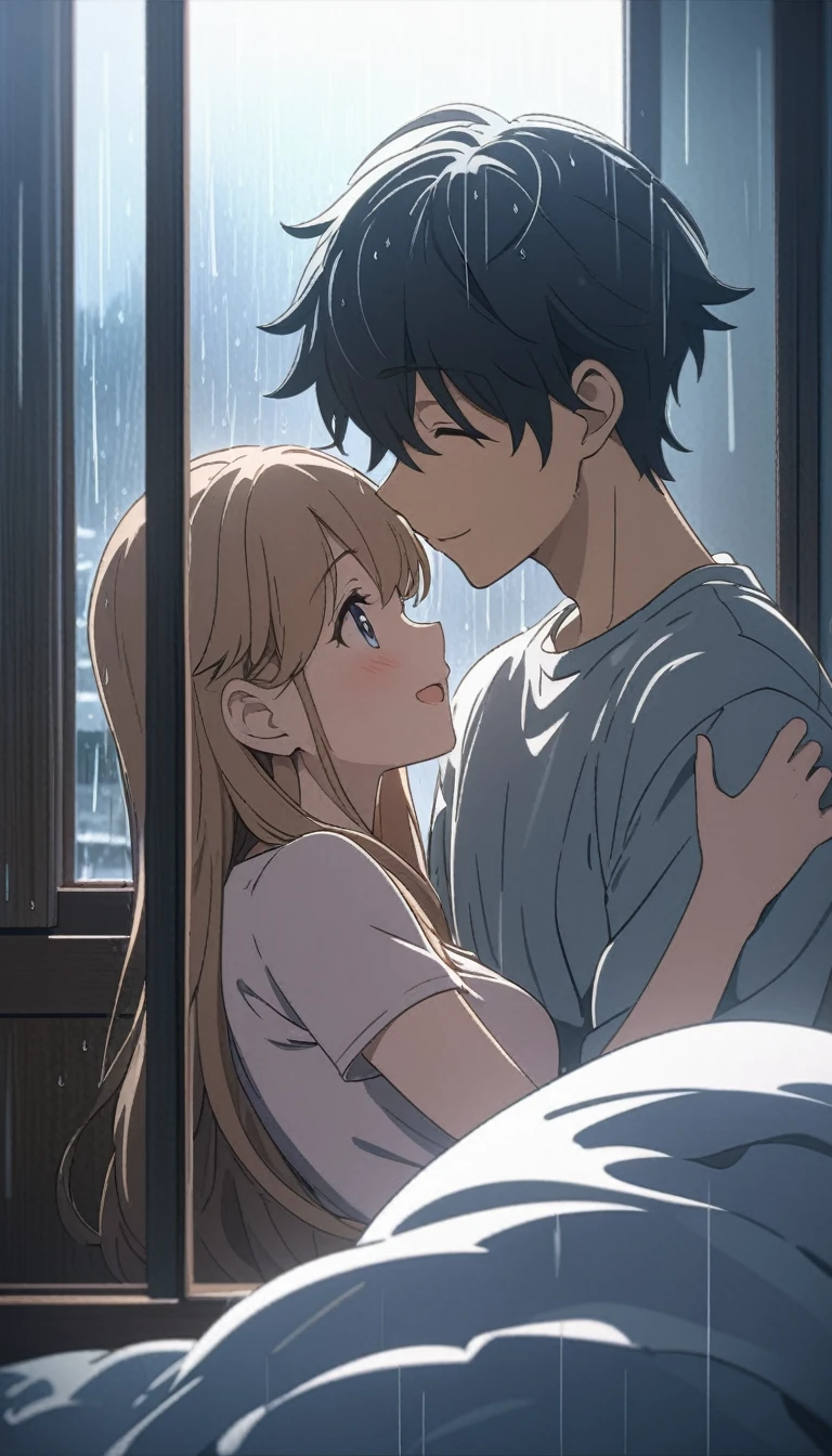 Anime couple,embrace in bed,rain visible through a window, detailed anime style characters, happy scene, rainy window,, 8k, masterpiece, dramatic lighting
