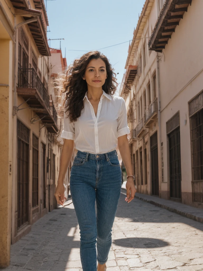 Lina, 1girl, solo, realistic, photorealistic, high quality picture, 8k, high resolution, detailed quality, film grain, natural photo, ultrarealistic, (((40-years-old))), ((detailed wrinkles in her face)), LATINA, (Background: Chile), (((SLIM))), ((THIN)), (Slender) ((Long Curly hair)), Come hither look, fully clothed, Pose: Walking, ((Walking along the streets in Chile)), Afternoon, full shot