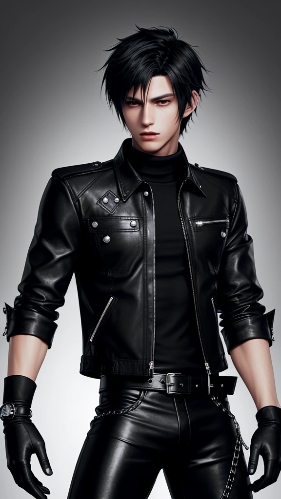 Final fantasy taste and reality graphics, Japanese young cute and cool ikemen  boy, his age is early 20s, thin eyebrows and beady eyes,  he wearing off black color leather thick singlebrest biker jacket, with epaulet,  must close the front of the leather jacket, jacket is biker style, jacket is voluminous, , jacket collar is high length stand-up collar with belts, jacket is a little black line pattern,close the front of the jacket, also wearing black thick turtleneck lackluster shirts,  tight black leather pants, shiny black leather tight and thin glove, black leather knee-high raceup boots,must views  head-to-toe,must views whole body, boy looks like fashion model,Do not show skin from the neck down,leather jacket leather glove and leather pants have few wrinkles,boy in the room,