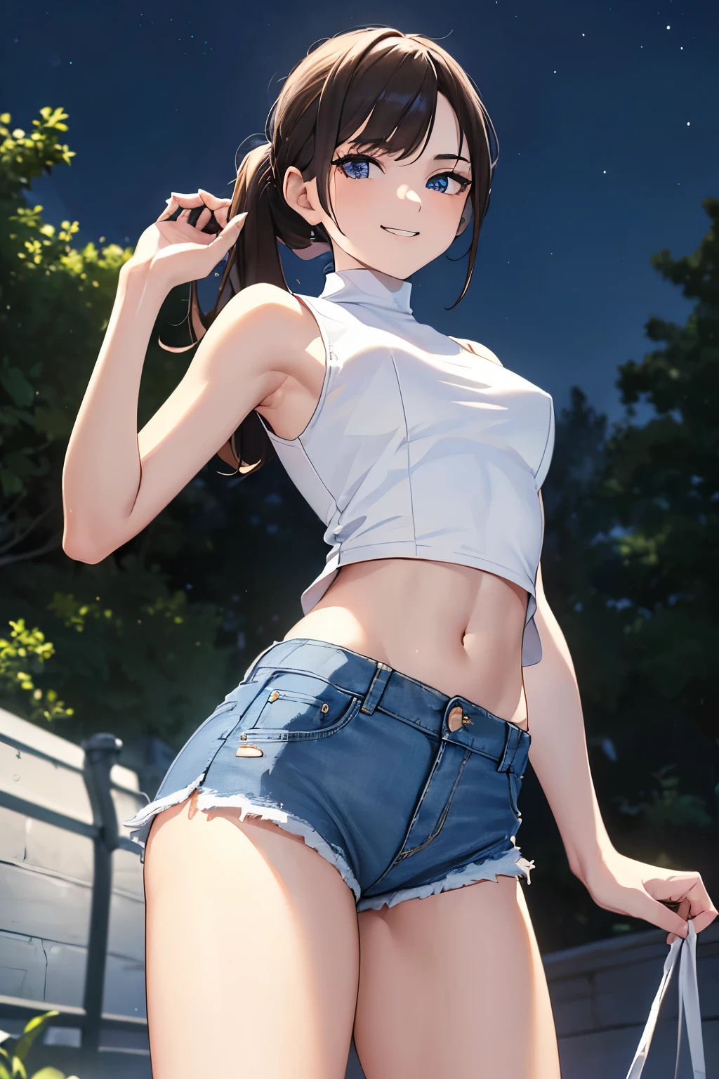 ((best quality)), ((masterpiece)), ((detailed)), (((perfect face))), (((slender 18yo teenage girl))), (((((tight sleeveless white shirt))))), ((((skin-tight shirt)))), (((midriff))), (((bare arms))), (((bare shoulders))), ((((cut off denim shorts)))), ((dark brown hair)), ((short ponytail)), (((blue eyes))), ((smiling)), (((standing))), ((((suburban backyard, night time)))), ((((detailed background)))), (((slender thighs))), (((looking back over shoulder))), (((view from below)))