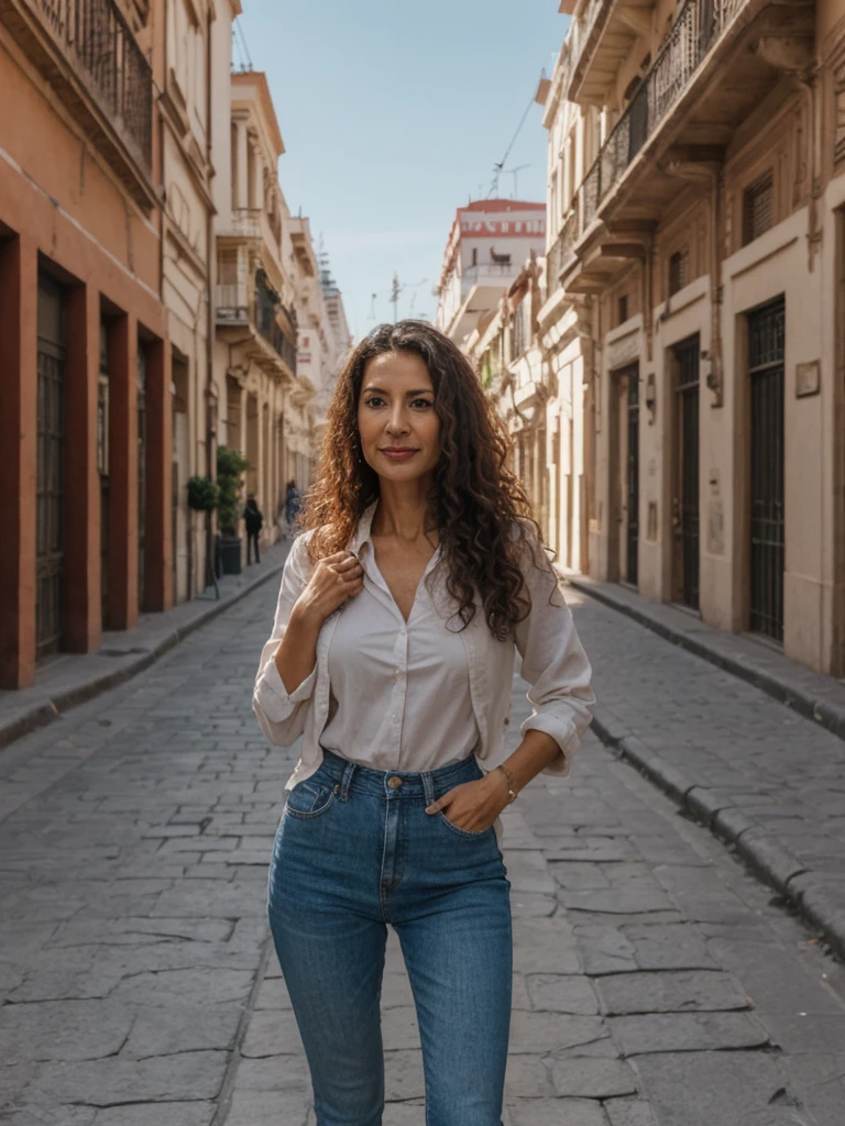 Lina, 1girl, solo, realistic, photorealistic, high quality picture, 8k, high resolution, detailed quality, film grain, natural photo, ultrarealistic, (((40-years-old))), ((detailed wrinkles in her face)), LATINA, (Background: Chile), (((SLIM))), ((THIN)), (Slender) ((Long Curly hair)), Come hither look, fully clothed, Pose: Walking, ((Walking along the streets in Chile)), Afternoon, full shot