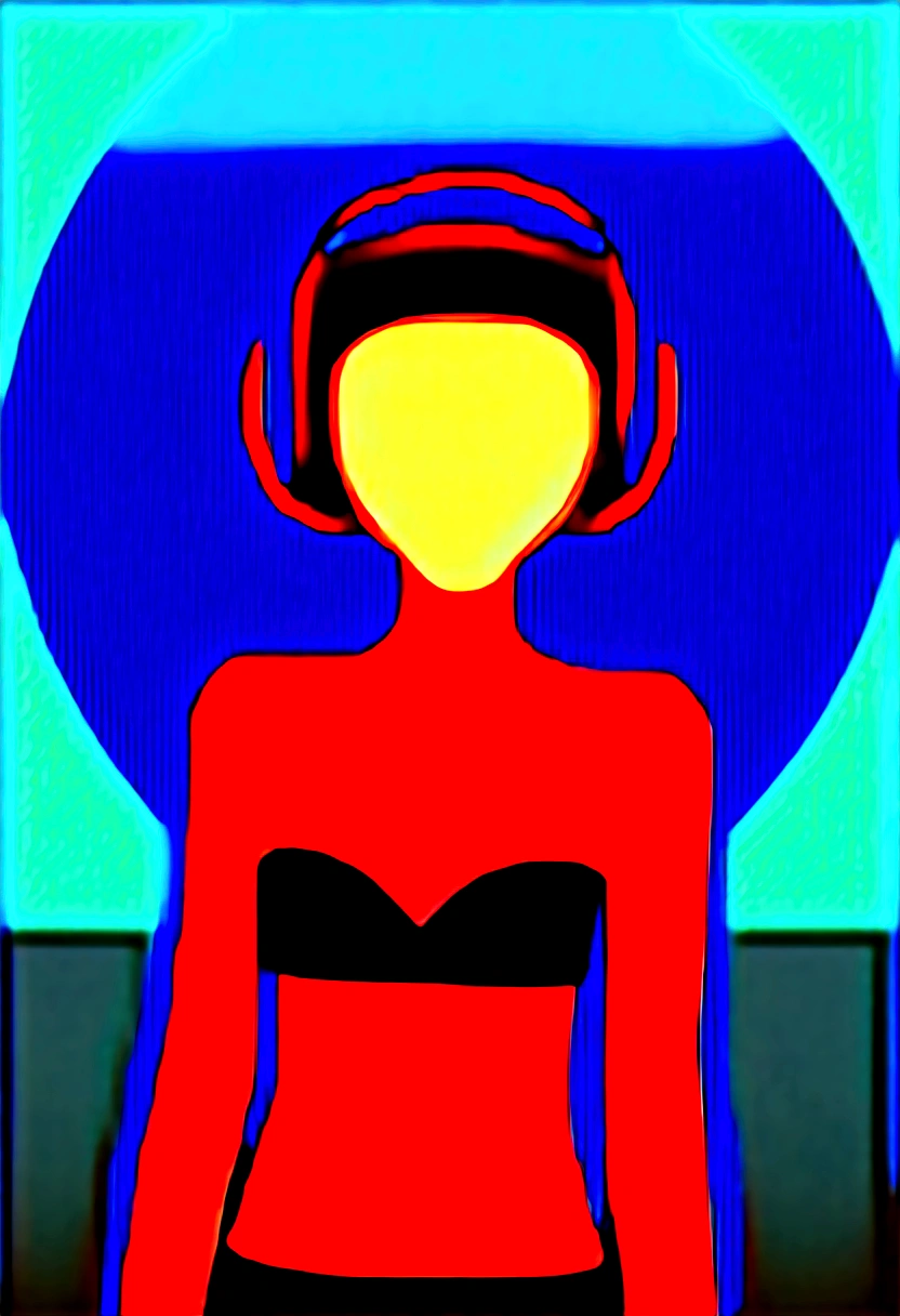 ((top-quality)), ((masterpiece)), (extremely detailed fine touch:1.3), psychedelic art, psychedelic girl, solo, psychedelic short hair, blunt bangs, lustrous skin, (((psychedelic under-rimmed glasses:1.3))), (psychedelic headphones:1.3), psychedelic eyes, smile, make up, medium breasts, clavicle, cleavage, midriff, bare arms, psychedelic
