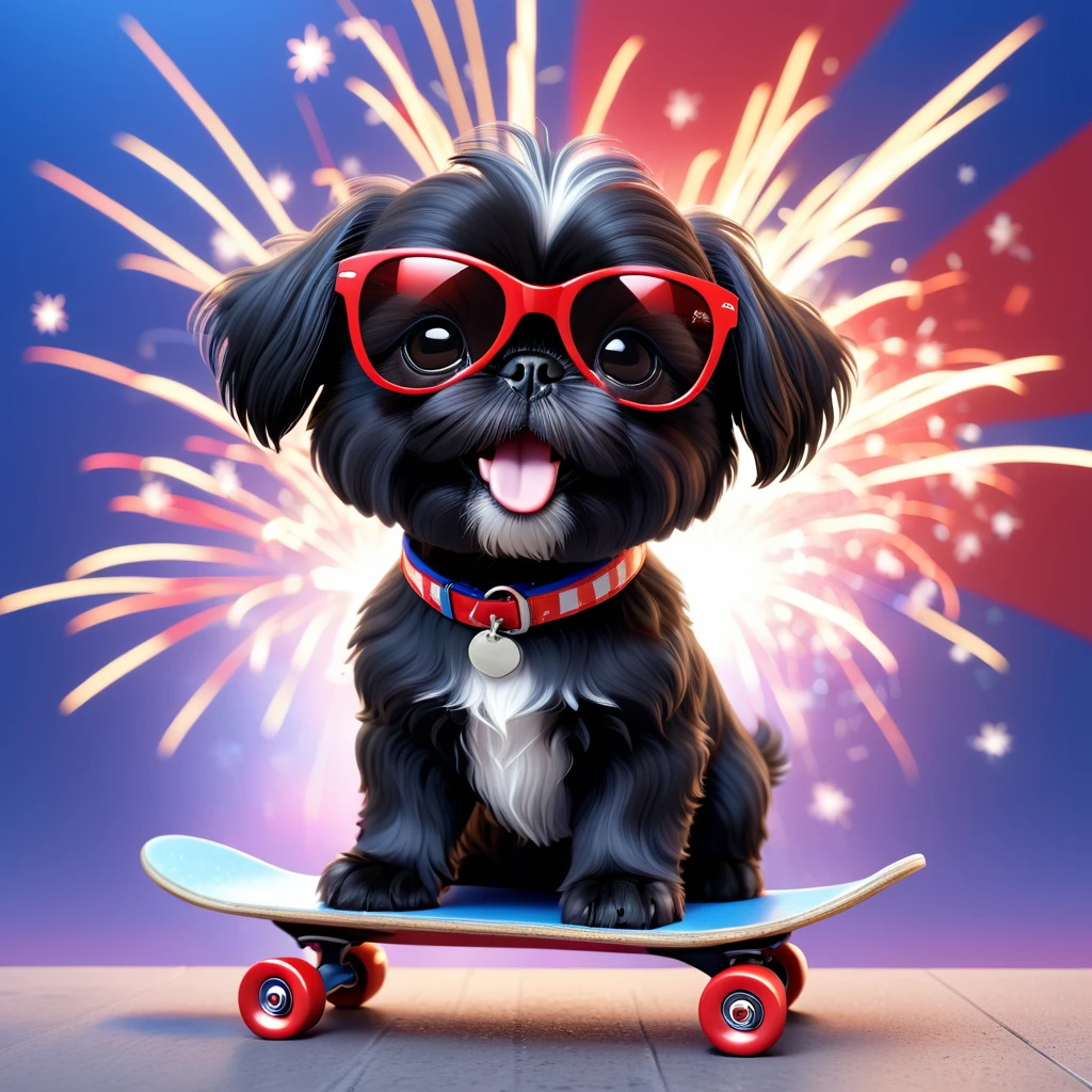 2 Adorable small black Shih Tzu puppy wearing red sunglasses riding a skateboard, red white and blue firework background 3d cartoon, 3d render, disney pixar style