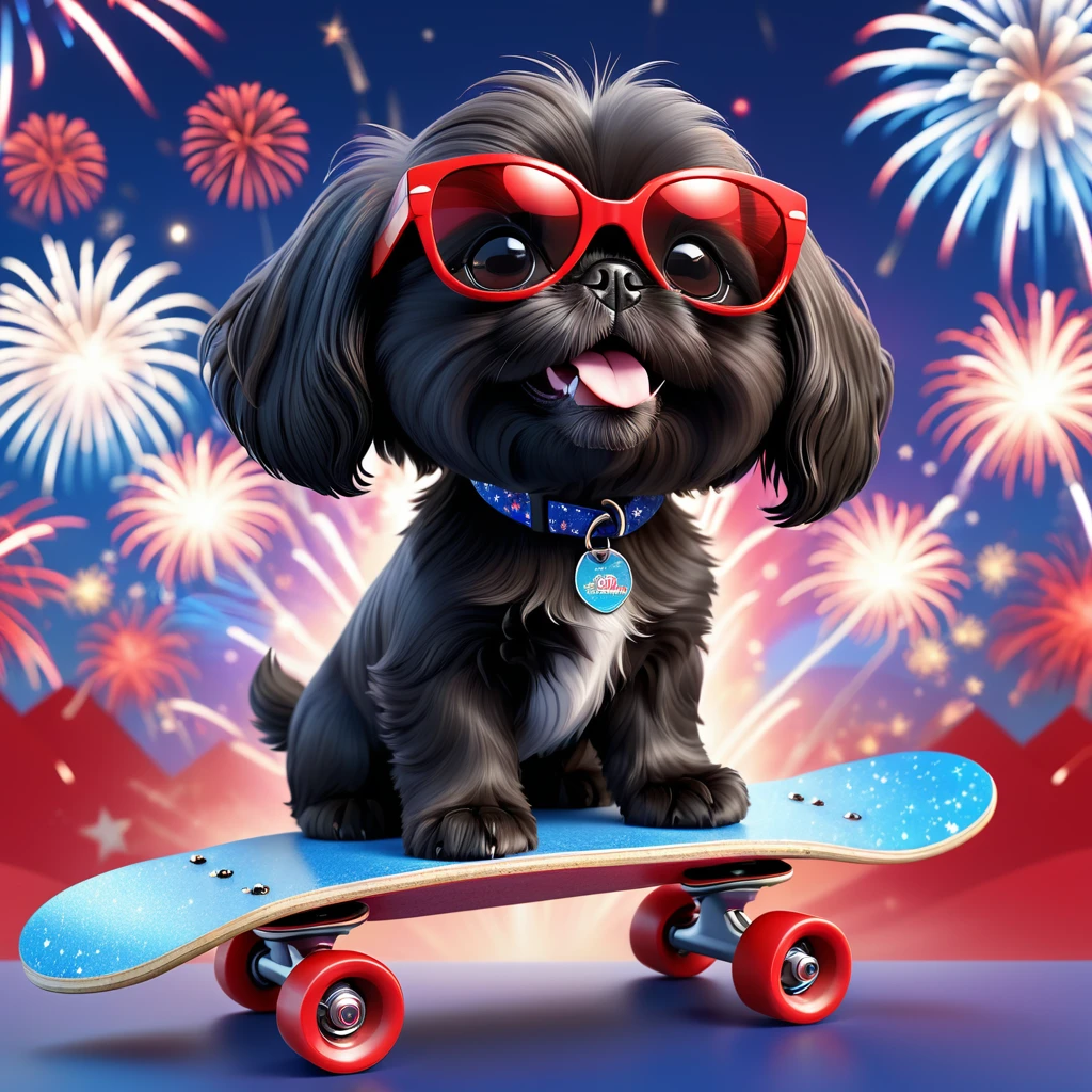 2 Adorable small black Shih Tzu puppy wearing red sunglasses riding a skateboard, red white and blue firework background 3d cartoon, 3d render, disney pixar style