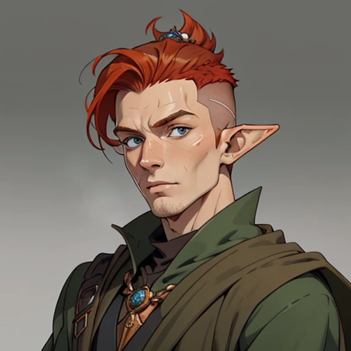 (masterpiece), (best quality),(portrait),(bust up),1boy,solo,(sharp focus),((look at viewer)),elf, elf wizard,(redhead),mohawk,adult, (ancient:1),),ancient luxurious long clothes,old school fantasy art,((simple background)),super shiny face,Ultra Glossy Skin,elf, elf priest,(redhead),adult, (ancient:1)