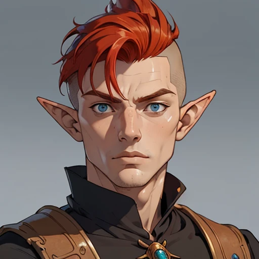 (masterpiece), (best quality),(portrait),(bust up),1boy,solo,(sharp focus),((look at viewer)),elf, elf wizard,(redhead),mohawk,adult, (ancient:1),),ancient luxurious long clothes,old school fantasy art,((simple background)),super shiny face,Ultra Glossy Skin,elf, elf priest,(redhead),adult, (ancient:1)