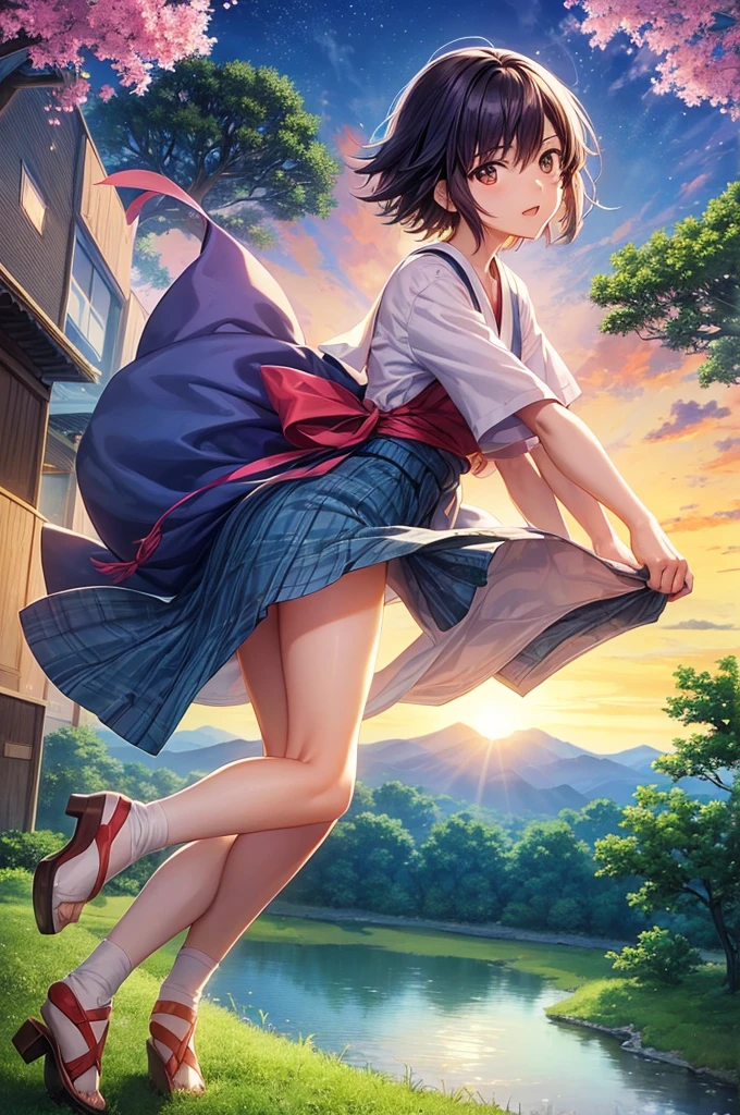 Japanese age boy in Tokyo and japanese girl in rural Japanese standing on a rock looking at the vibrant twilight sky. Cosmic Skies, by makoto shinkai, makoto shinkai cyril rolando, beautiful anime scene, anime sky, anime art wallpaper 4 k, anime art wallpaper 4k, anime art wallpaper 8 k, anime beautiful peace scene, in style of makoto shinkai, 4k anime wallpaper.