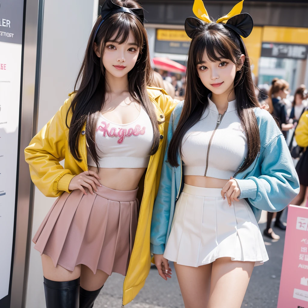 bangs down，beautiful girl，smile，Standing posture，Future Fashion，Maid clotheasterpiece，perfect face，perfect breasts，long hair，Outstanding style，stimulating，Cute outfits，Horny girl，double eyelid，Naughty Girls，Erotic and cute，mini skirt，ribbon on uniform，colorful hair color，yellow eyes，leather jacket，horny girl，Knee-high boots，
Colorful，multicoloured，future fashion，smile，，zipper bra，Multicolored clothing