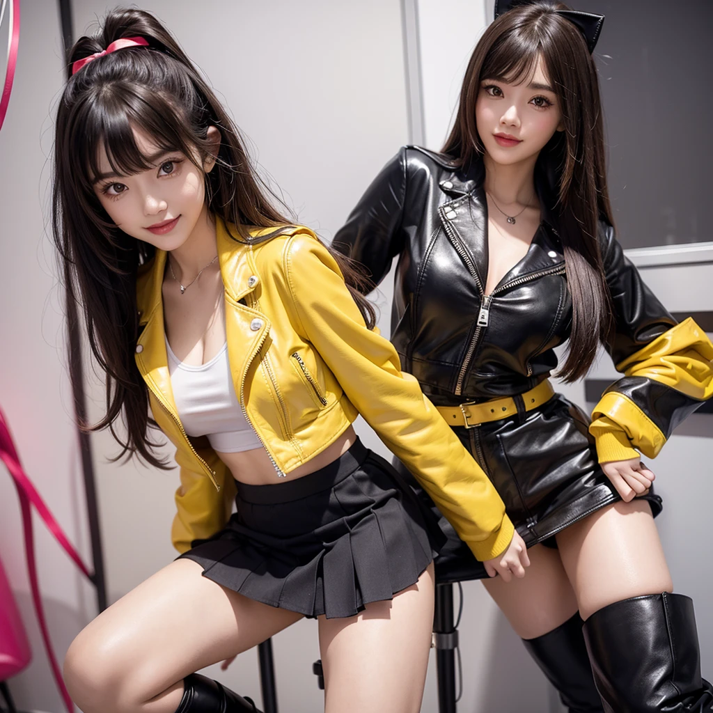 bangs down，beautiful girl，smile，Standing posture，Future Fashion，Maid clotheasterpiece，perfect face，perfect breasts，long hair，Outstanding style，stimulating，Cute outfits，Horny girl，double eyelid，Naughty Girls，Erotic and cute，mini skirt，ribbon on uniform，colorful hair color，yellow eyes，leather jacket，horny girl，Knee-high boots，
Colorful，multicoloured，future fashion，smile，，zipper bra，Multicolored clothing