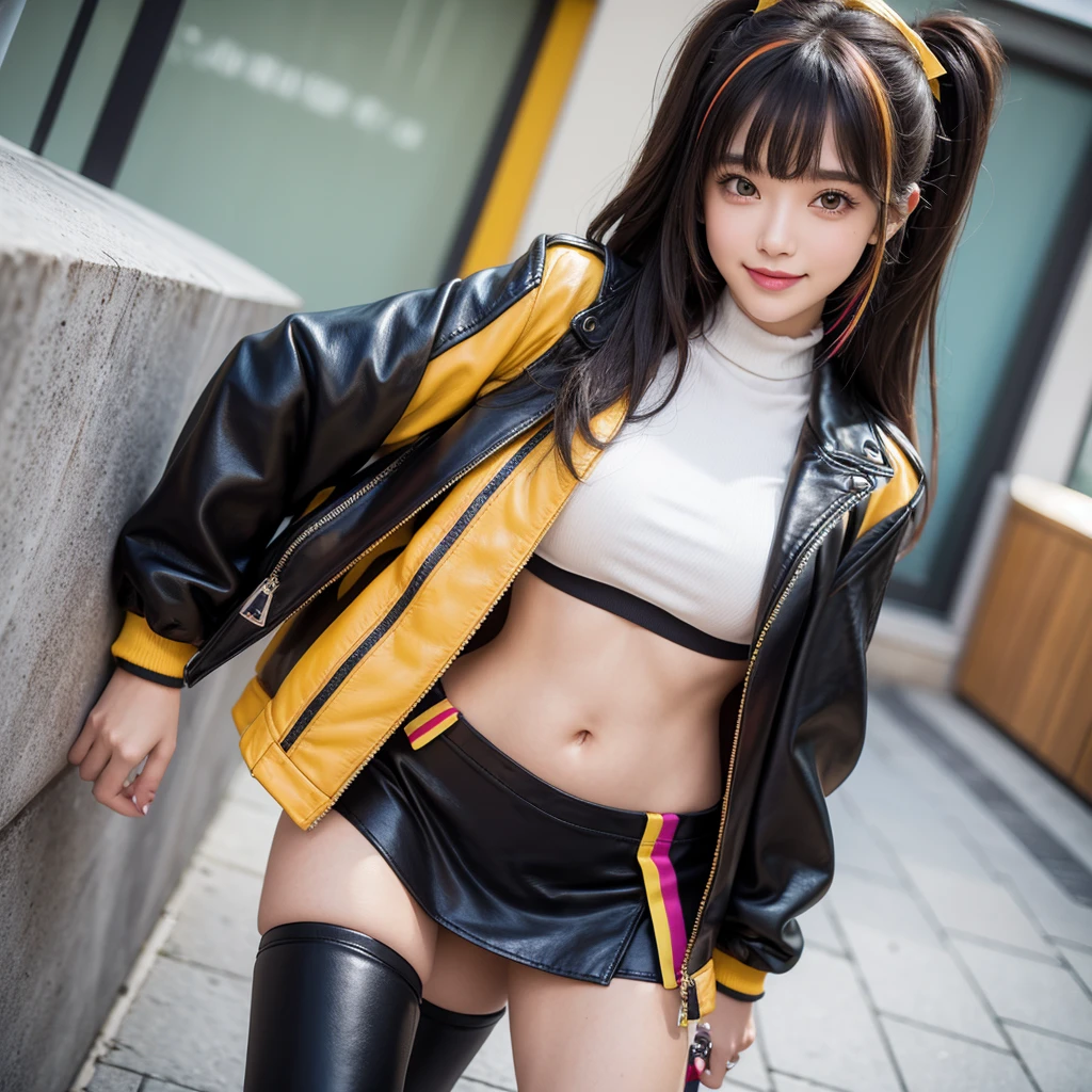 bangs down，beautiful girl，smile，Standing posture，Future Fashion，Maid clotheasterpiece，perfect face，perfect breasts，long hair，Outstanding style，stimulating，Cute outfits，Horny girl，double eyelid，Naughty Girls，Erotic and cute，mini skirt，ribbon on uniform，colorful hair color，yellow eyes，leather jacket，horny girl，Knee-high boots，
Colorful，multicoloured，future fashion，smile，，zipper bra，Multicolored clothing