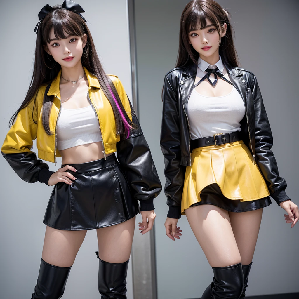 bangs down，beautiful girl，smile，Standing posture，Future Fashion，Maid clotheasterpiece，perfect face，perfect breasts，long hair，Outstanding style，stimulating，Cute outfits，Horny girl，double eyelid，Naughty Girls，Erotic and cute，mini skirt，ribbon on uniform，colorful hair color，yellow eyes，leather jacket，horny girl，Knee-high boots，
Colorful，multicoloured，future fashion，smile，，zipper bra，Multicolored clothing