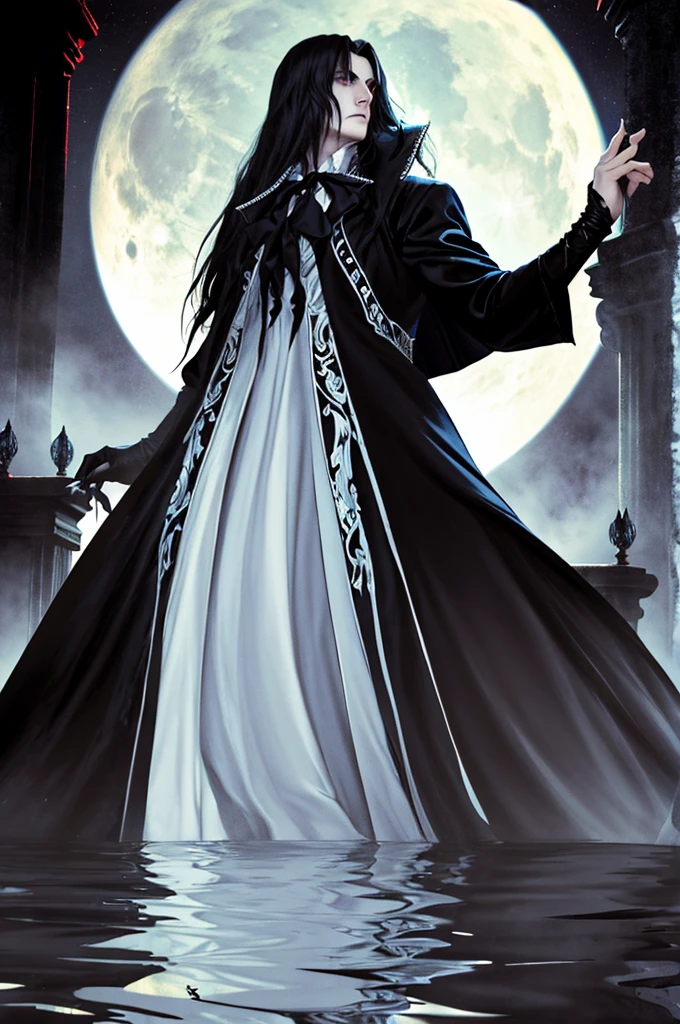 a vampire His physical features should be similar to those of Alucard from Castlevania: Symphony of the Night. It should have an elegant and mysterious appearance, with long silver hair, piercing eyes and sharp facial features. Wear dark and gothic style clothes. Your presence must be imposing and noble, reflecting his aristocratic origin and supernatural power, emerging from a lake with the full moon in the background