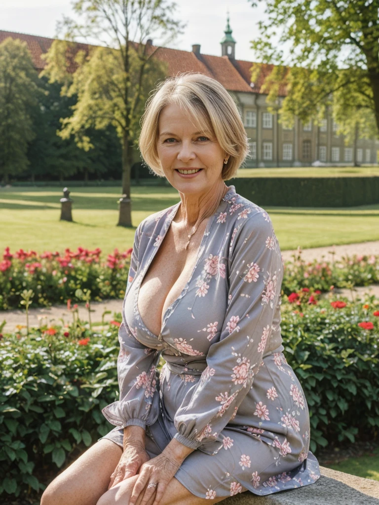 Ellen Burstyn, her name is Lieke, high quality, 1 old woman, ((50-year-old plump dutch woman)), ((55 years old)), (((wrinkled body))), ((((old body)))), ((milf)), ((short grey hair)), (((no make up))), (pale skin),(((large breasts))), ((wide hips)), ((thick legs)), ((Large cleavage:1.1)) POSE: SITTING, ((she is wearing modest stylish Generation X floral clothing different colors)), cheerful, happy, BACKGROUND: outdoor: Frederiksborg Castle, Hillerød: A majestic Renaissance castle surrounded by a serene lake and lush gardens. Perhaps include swans gliding on the water or people in period costumes.