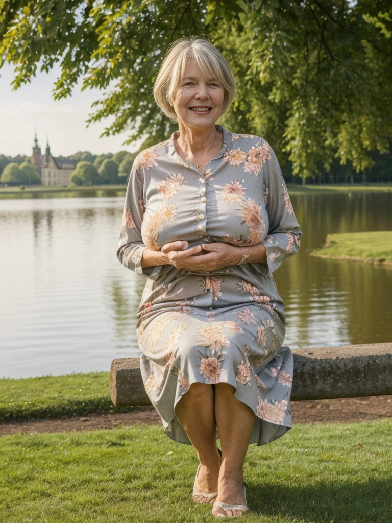 Ellen Burstyn, her name is Lieke, high quality, 1 old woman, ((50-year-old plump dutch woman)), ((55 years old)), (((wrinkled body))), ((((old body)))), ((milf)), ((short grey hair)), (((no make up))), (pale skin),(((large breasts))), ((wide hips)), ((thick legs)), ((Large cleavage:1.1)) POSE: SITTING, ((she is wearing modest stylish Generation X floral clothing different colors)), cheerful, happy, BACKGROUND: outdoor: Frederiksborg Castle, Hillerød: A majestic Renaissance castle surrounded by a serene lake and lush gardens. Perhaps include swans gliding on the water or people in period costumes.