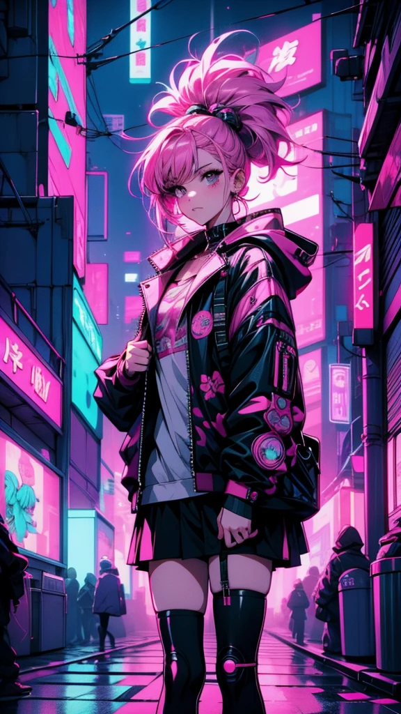 With pink hair and a pink jacket、Girl holding a pink bag, Glitch Punk Girl, Decora style illustrations, Anime Cyberpunk art, Cyberpunk Anime Girl, Anime Style 4k, Neon Punk, Anime atmosphere, Anime Cyberpunk, Cyberpunk anime art, Aesthetic Cyberpunk, digital Cyberpunk anime art, Cyberpunk art style, 80年代のAnime atmosphere, Cyberpunk color, ダークNeon Punk