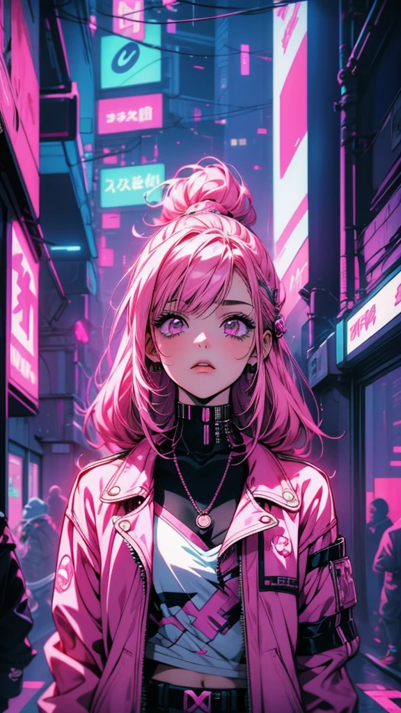 With pink hair and a pink jacket、Girl holding a pink bag, Glitch Punk Girl, Decora style illustrations, Anime Cyberpunk art, Cyberpunk Anime Girl, Anime Style 4k, Neon Punk, Anime atmosphere, Anime Cyberpunk, Cyberpunk anime art, Aesthetic Cyberpunk, digital Cyberpunk anime art, Cyberpunk art style, 80年代のAnime atmosphere, Cyberpunk color, ダークNeon Punk