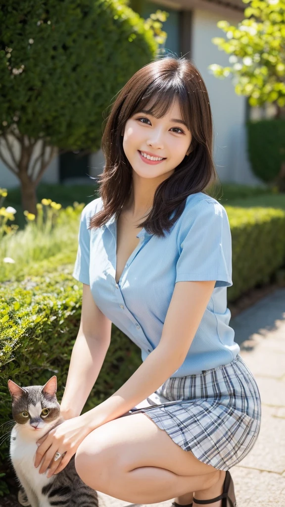 (Highest quality: 1.5), (Realistic: 1.5), (1 person: 1.5), Very detailed, High resolution, 8K,Natural color lips, Cute Smile, Japanese women, 20-year-old girl, Beautiful and elegant features, Perfect and beautiful face, Balanced big eyes, Beautiful and elegant features, Natural double eyelids, Natural Bangs, Beautiful thin nose, Beautiful Skin, Medium Bob Hair , Natural Bangs , Perfect and beautiful face, Slim face and figure, (Looking at the camera with a sweet smile), Bright lighting, Professional Lighting, Forward lighting, Beautiful feet: 1.2, Smooth Skin, Slender body, Slim waistline, slim thin thighs, Cleavage, Detailed clothing, (Short sleeve dress shirt:1.5), (Pleated skirt:1.5), Checkered Pleated Micro Mini Skirt, Short sleeve dress shirt, Ultra HD, Realistic,, Frolic with cats, Playing with cats,Holding a cat, Holding a cat,Pick up the cat, garden,squat
