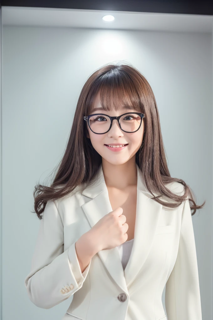 ((Best Quality, In 8K, Masterpiece :1.3))(Correctly generated eyes、Correctly generated hands) (Japanese girl professional photo)、 One girl、Esbian all over、double eyelid、 Loose and fluffy perm 、Glasses、 smile、The whole body is shown wearing a business suit、Guts pose、White background