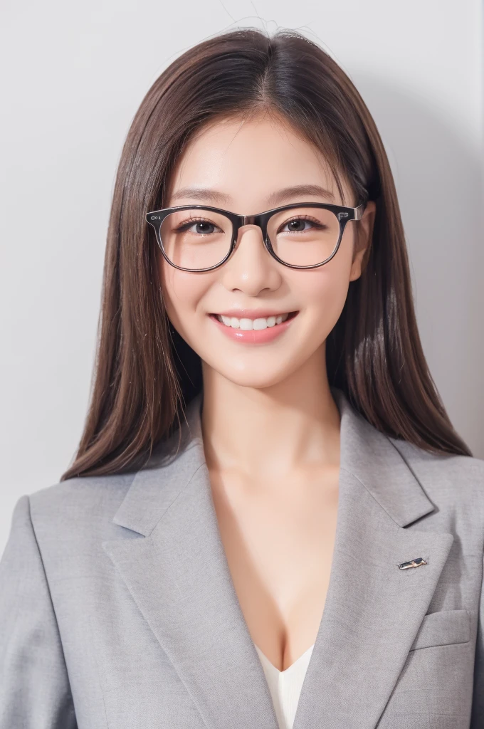 ((Best Quality, In 8K, Masterpiece :1.3))(Correctly generated eyes、Correctly generated hands) (Japanese girl professional photo)、 One girl、Esbian all over、double eyelid、 Loose and fluffy perm 、Glasses、 smile、The whole body is shown wearing a business suit、Guts pose、White background

