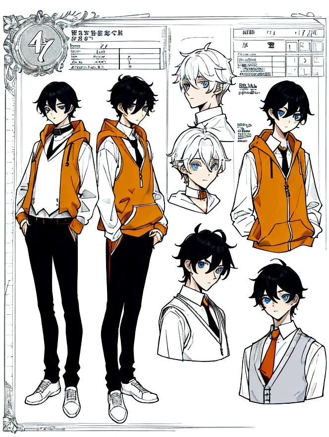 (CHARACTERSHEET:1) (MULTIPLE VIEWS FULL BODY, UPPER BODY REFERENCE SHEET:1), ,17 old years boy, high  white tie, (without vest), orange hoodie, Hoodie zipper closed, (collar a little loose), pants, black hair, straight hair, hair between eyes, slightly wavy hair, white shoes, light blue eyes