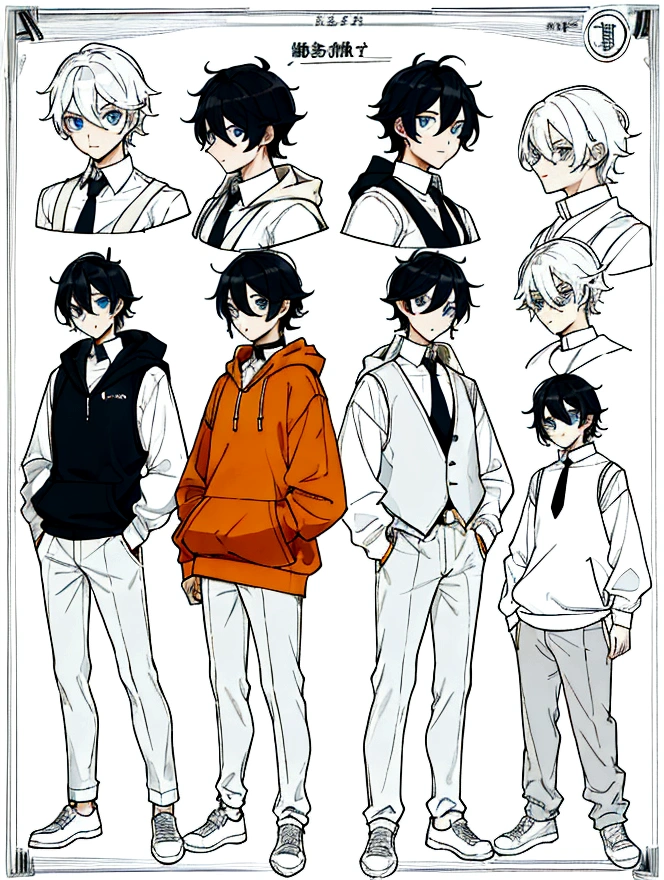 (CHARACTERSHEET:1) (MULTIPLE VIEWS FULL BODY, UPPER BODY REFERENCE SHEET:1), ,17 old years boy, high  white tie, (without vest), orange hoodie, Hoodie zipper closed, (collar a little loose), pants, black hair, straight hair, hair between eyes, slightly wavy hair, white shoes, light blue eyes