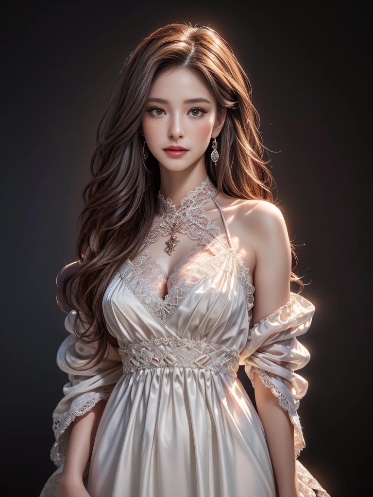 (Highest quality, High resolution, Realistic:1.2), Dramatic lighting, Oil, Detailed skin texture, long flowing hair, Elegant pose, Bright colors, Fine brushwork, Portraiture, Realistic makeup, Strong gaze, Delicate features, Complex background, Professional illustrations、((Lace fabric 1.5)))、Small breasts 1.5、See-through dresses 1.4