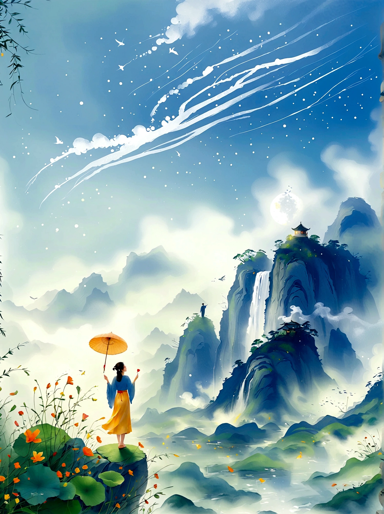 Cai GuoRUN's illustration style, 1girl, A woman in a long skirt stands on a cliff and looks up at the starry sky, Goddess of space, Milky Way Goddess, Goddess of Heaven, Astral Ethereal, dream, Beautiful celestial wizard, Beautiful fantasy painting, Beautiful fantasy art, Ethereal fantasy, Very Beautiful fantasy art, Digital Art Fantasy, enchanting and otherworldly, Fantasy Beauty, The beautiful art of Octane UHD 8k rendering, Volumetric Light, Natural soft light, (Ultra-delicate:1.2, Loss of focus:1.2, Colorful, Movie Lighting, Ray Tracing), Super rich, Ultra Detailed, 1cgrssh1, Chiaroscuro, masterpiece, 8k