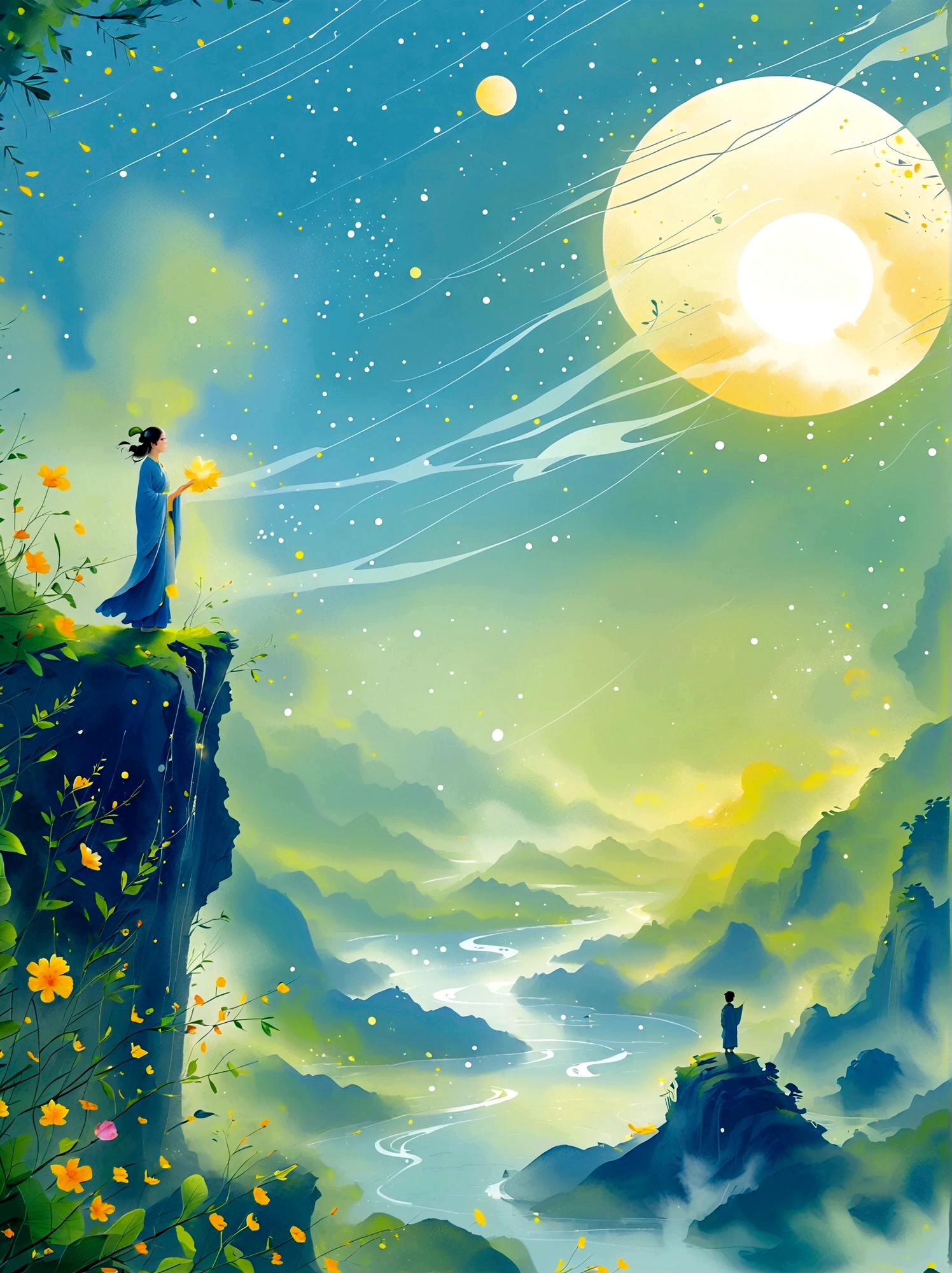 Cai GuoRUN's illustration style, 1girl, A woman in a long skirt stands on a cliff and looks up at the starry sky, Goddess of space, Milky Way Goddess, Goddess of Heaven, Astral Ethereal, dream, Beautiful celestial wizard, Beautiful fantasy painting, Beautiful fantasy art, Ethereal fantasy, Very Beautiful fantasy art, Digital Art Fantasy, enchanting and otherworldly, Fantasy Beauty, The beautiful art of Octane UHD 8k rendering, Volumetric Light, Natural soft light, (Ultra-delicate:1.2, Loss of focus:1.2, Colorful, Movie Lighting, Ray Tracing), Super rich, Ultra Detailed, 1cgrssh1, Chiaroscuro, masterpiece, 8k