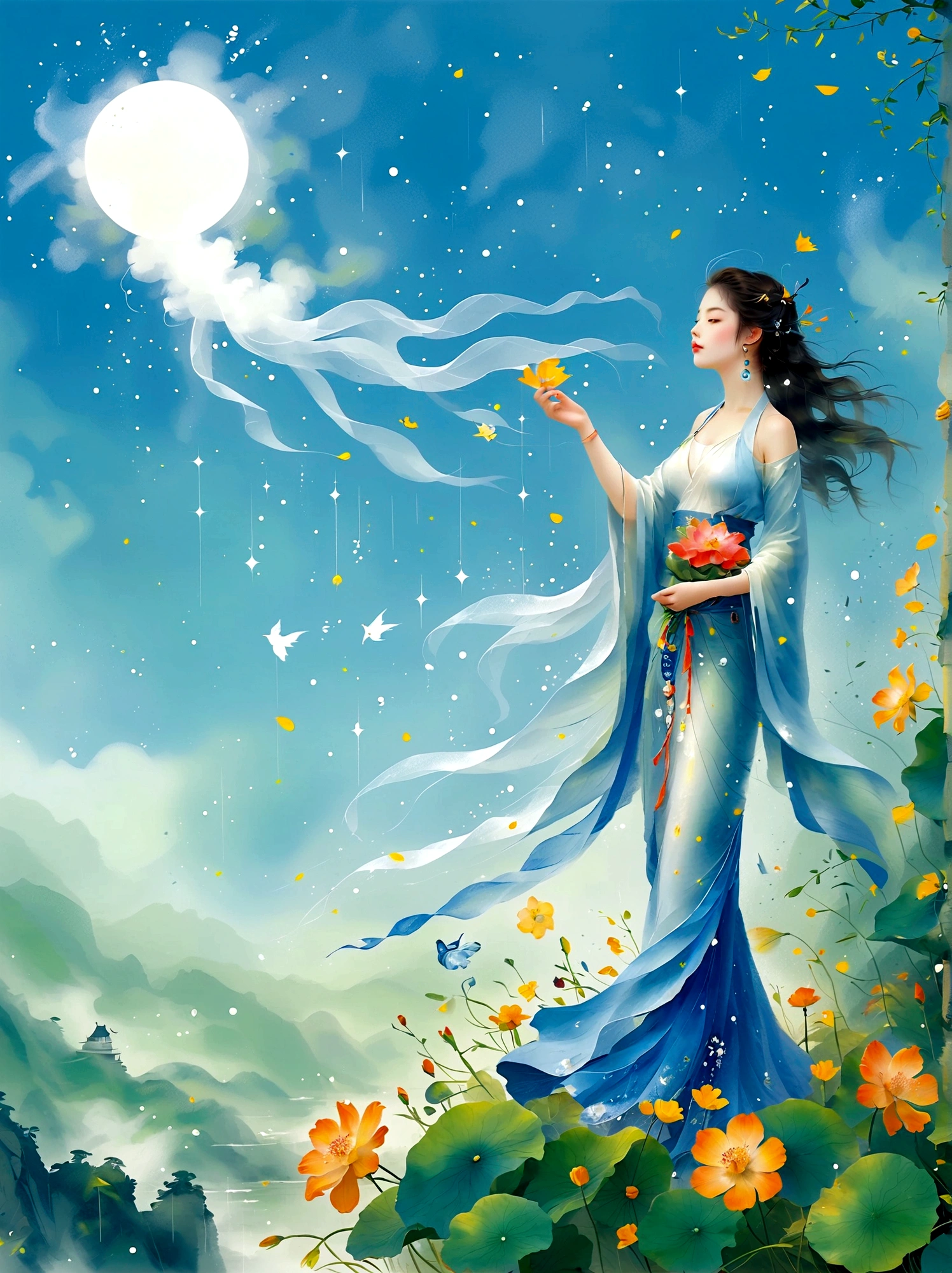 Cai GuoRUN's illustration style, 1girl, A woman in a long skirt stands on a cliff and looks up at the starry sky, Goddess of space, Milky Way Goddess, Goddess of Heaven, Astral Ethereal, dream, Beautiful celestial wizard, Beautiful fantasy painting, Beautiful fantasy art, Ethereal fantasy, Very Beautiful fantasy art, Digital Art Fantasy, enchanting and otherworldly, Fantasy Beauty, The beautiful art of Octane UHD 8k rendering, Volumetric Light, Natural soft light, (Ultra-delicate:1.2, Loss of focus:1.2, Colorful, Movie Lighting, Ray Tracing), Super rich, Ultra Detailed, 1cgrssh1, Chiaroscuro, masterpiece, 8k