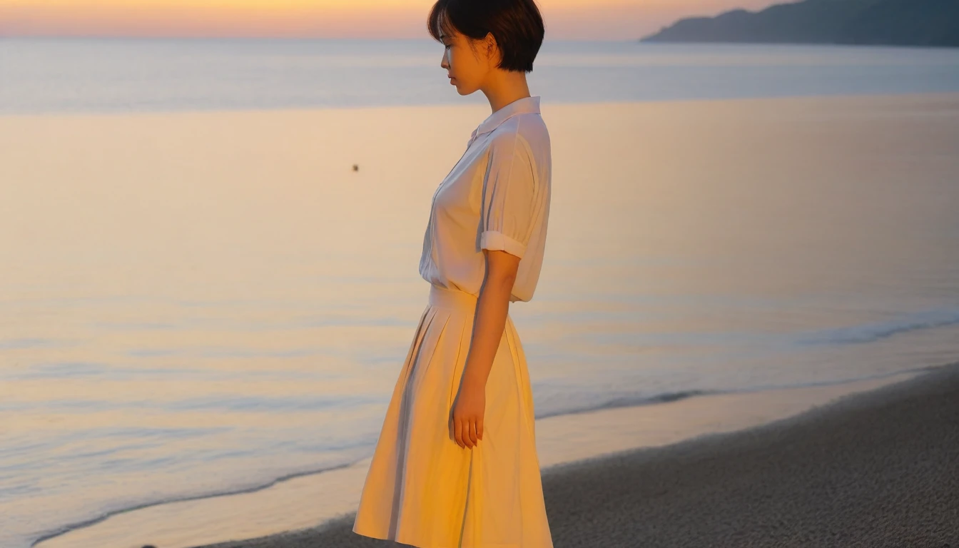 K Realistic, living photos, Realistic appearance of nature, , Woman looking at the sea at sunset. , Side view of an Asian woman wearing a light skirt, burning sunset light, short medium hair