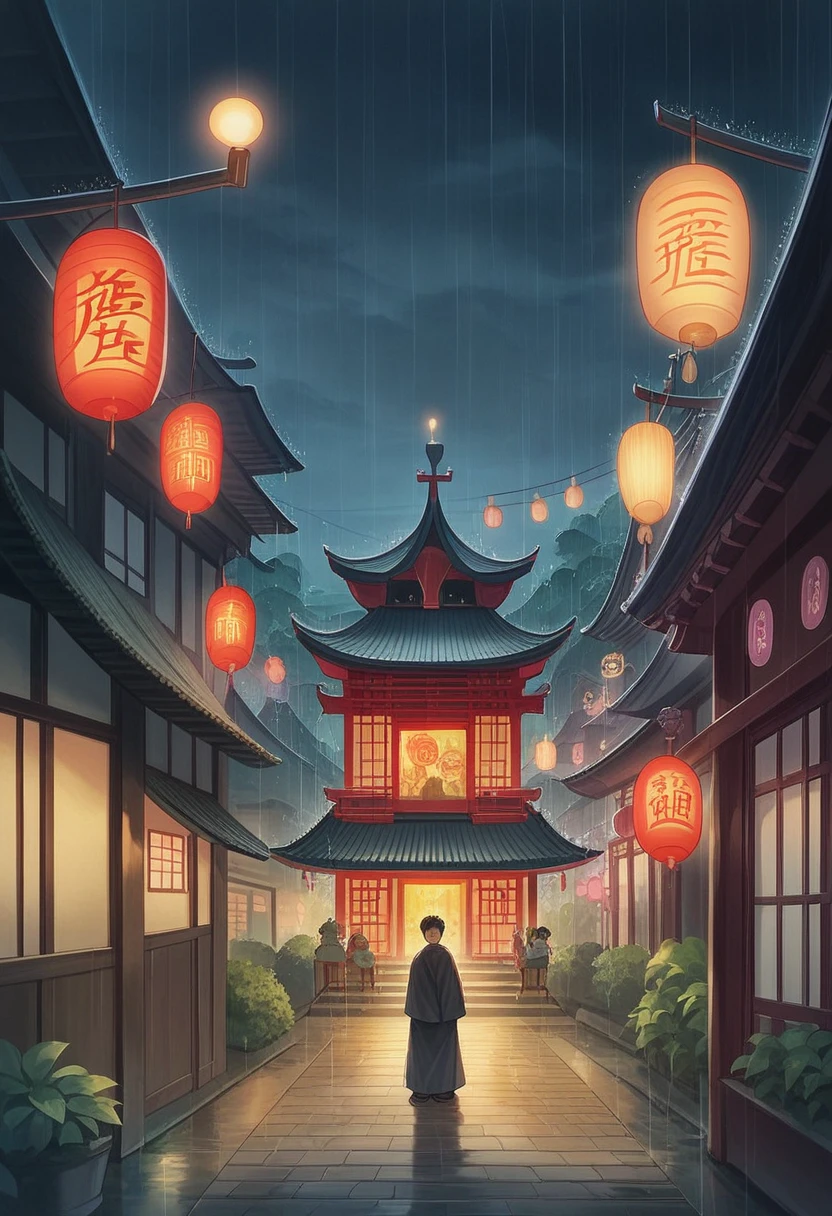 A view of the village with many lights on the buildings, Dreamy city in China, Chinese Village, Awesome Wallpapers, Japanese Street, Japanese Village, 超リアルな町のphotograph, Old Asian Village, Japanese cities, Raymond Han, Rainy night, Cyberpunk Chinese Ancient Castle, beautifully照らされた建物, Rainy Evening, beautifully、aesthetic, photograph, Cinematic, 8K, Detailed ((heavy rain)))
