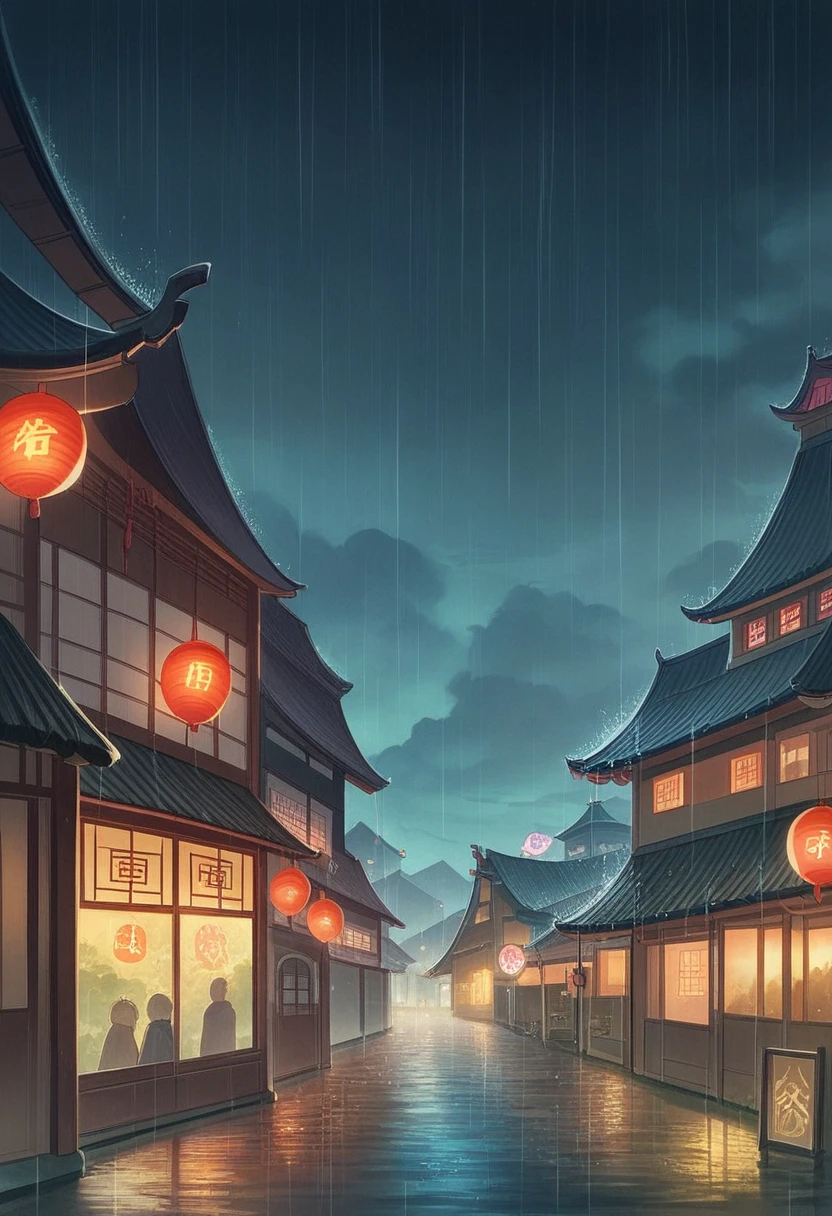 A view of the village with many lights on the buildings, Dreamy city in China, Chinese Village, Awesome Wallpapers, Japanese Street, Japanese Village, 超リアルな町のphotograph, Old Asian Village, Japanese cities, Raymond Han, Rainy night, Cyberpunk Chinese Ancient Castle, beautifully照らされた建物, Rainy Evening, beautifully、aesthetic, photograph, Cinematic, 8K, Detailed ((heavy rain)))