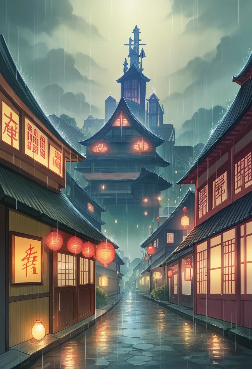 A view of the village with many lights on the buildings, Dreamy city in China, Chinese Village, Awesome Wallpapers, Japanese Street, Japanese Village, 超リアルな町のphotograph, Old Asian Village, Japanese cities, Raymond Han, Rainy night, Cyberpunk Chinese Ancient Castle, beautifully照らされた建物, Rainy Evening, beautifully、aesthetic, photograph, Cinematic, 8K, Detailed ((heavy rain)))

