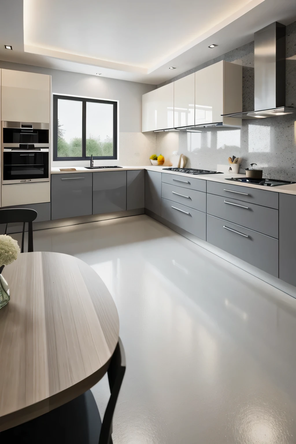 Professional 3d architecture rendering design of modern and minimal kitchen with  light mink gray  color and thunder gray   color and light cream color  and black color 
