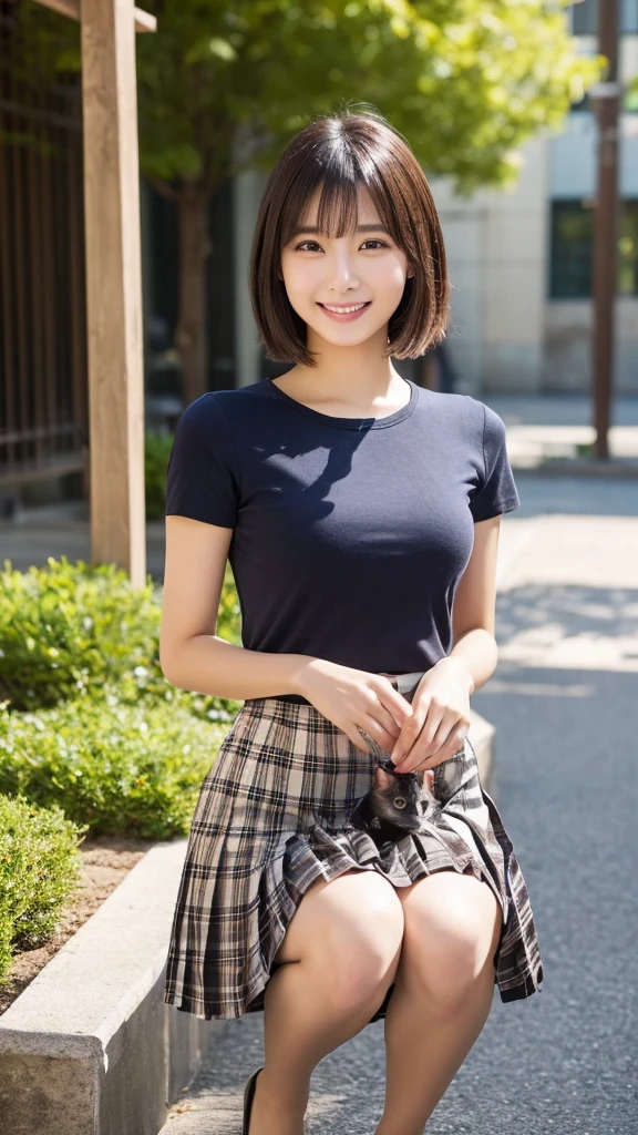 (Highest quality: 1.5), (Realistic: 1.5), (1 person: 1.5), Very detailed, High resolution, 8K,Natural color lips, Cute Smile, Japanese women, 20-year-old girl, Beautiful and elegant features, Perfect and beautiful face, Balanced big eyes, Beautiful and elegant features, Natural double eyelids, Natural Bangs, Beautiful thin nose, Beautiful Skin, Medium Bob Hair , Natural Bangs , Perfect and beautiful face, Slim face and figure, (Looking at the camera with a sweet smile), Bright lighting, Professional Lighting, Forward lighting, Beautiful feet: 1.2, Smooth Skin, Slender body, Slim waistline, slim thin thighs, Cleavage, Detailed clothing, (Short sleeve:1.5), (Pleated skirt:1.5), Checkered Pleated Micro Mini Skirt, Short sleeveドレスシャツ Ultra HD, Realistic,, Frolic with cats, Playing with cats,Holding a cat, Holding a cat,Pick up the cat, garden,squat