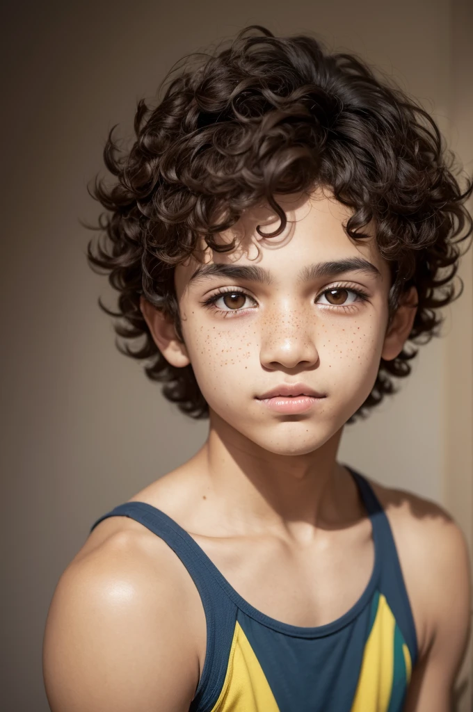 Alexander Vieira, a transgender and bisexual boy, with short and curly hair, with few freckles on the face, brown eyes like bitter coffee and mulatto skin/bunch. latino/brazileiro