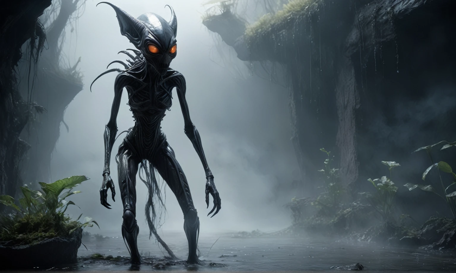 full body length,niobium goblin,native africa xenomorph,once pretty face,eyebrow up,full body shot,ominous landscape,niobium gray atmosphere,photo,photorealism,Masterpiece,hyper natural skin textures, hyper realism,hyper detailed,High contrast,Realism,Ultra Detailed,irina yermolova,close full body shot,32K resolution,Nikon Z9, ,demonic, fog, smoke, audience, mist, featuring ultra-realistic and hyper-realistic elements, Marta Bevacqua, Ellen Jewett, Kawacy, Katsuya Terada, Carne Griffiths,concert lighting,  bokeh,  luminal space that feels both bright and surreal. Includes liquid fluid elements for added depth and movement. Rendered in an unreal engine and post-processed to achieve . Evokes a sense of dreamy, ethereal and mystical mood,horror pixar movie still,thriller disney movie ,pixar render, animated ,suicide