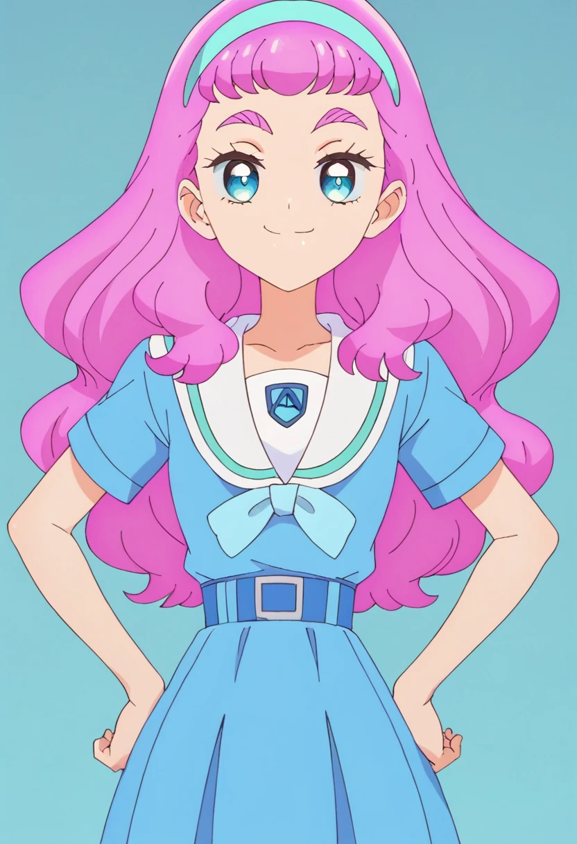 score_9, score_8_up, score_7_up, 1girl, Laura la Mer, pink hair, blue eyes, pink eyebrows, long hair, blue hairband, smile, smug, half closed eyes, looking at viewer, hands on hips, , serafuku, blue skirt, standing, simple background, solo, short sleeves,