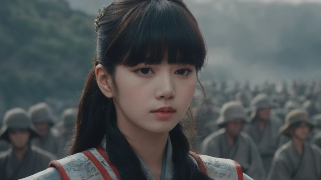 a shot from movie scene by Akira Kurosawa, Lisa Blackpink as beautiful Ancient Japanese female general on the battlefield