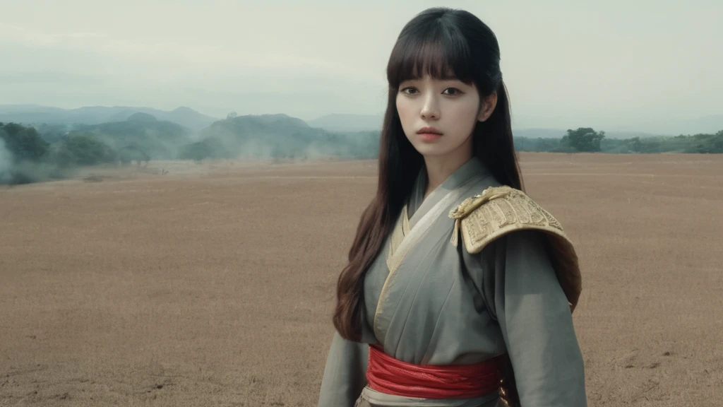 a shot from movie scene by Akira Kurosawa, Lisa Blackpink as beautiful Ancient Japanese female general on the battlefield