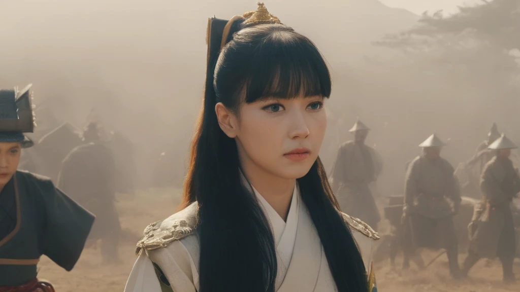 a shot from movie scene by Akira Kurosawa, Lisa Blackpink as beautiful Ancient Japanese female general on the battlefield