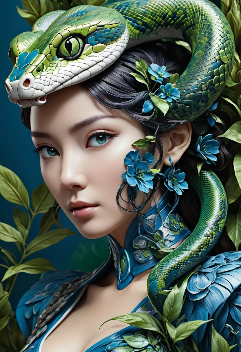 Mechanical snake head，lifelike，The human body，Character setting，Delicate face，Ultra-detailed graphics，8K，magazine cover，Floral background decoration，Strong color contrast，Darker color，Blue, green and white