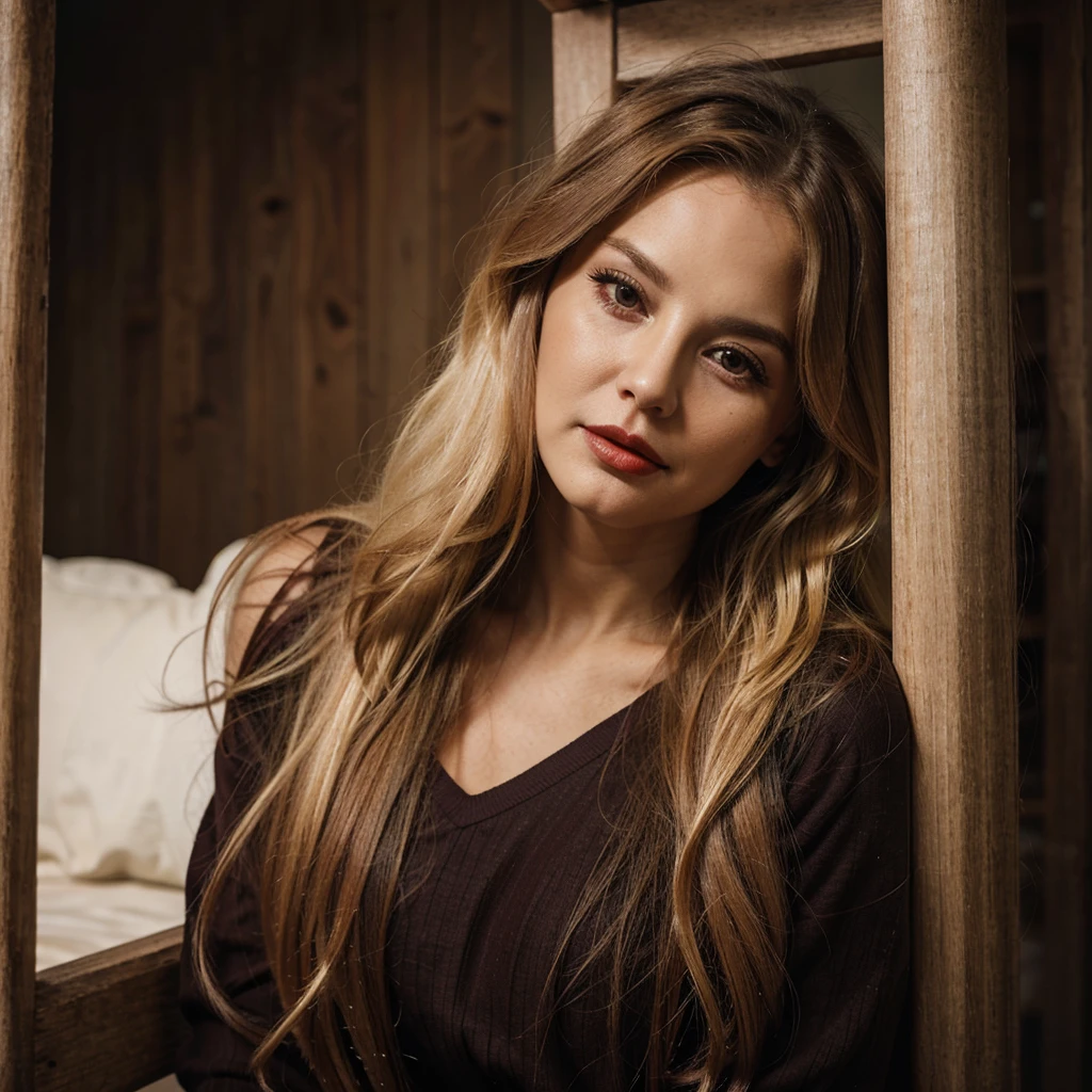70 year old woman with long dark dyed blonde hair and dark reddish lips

