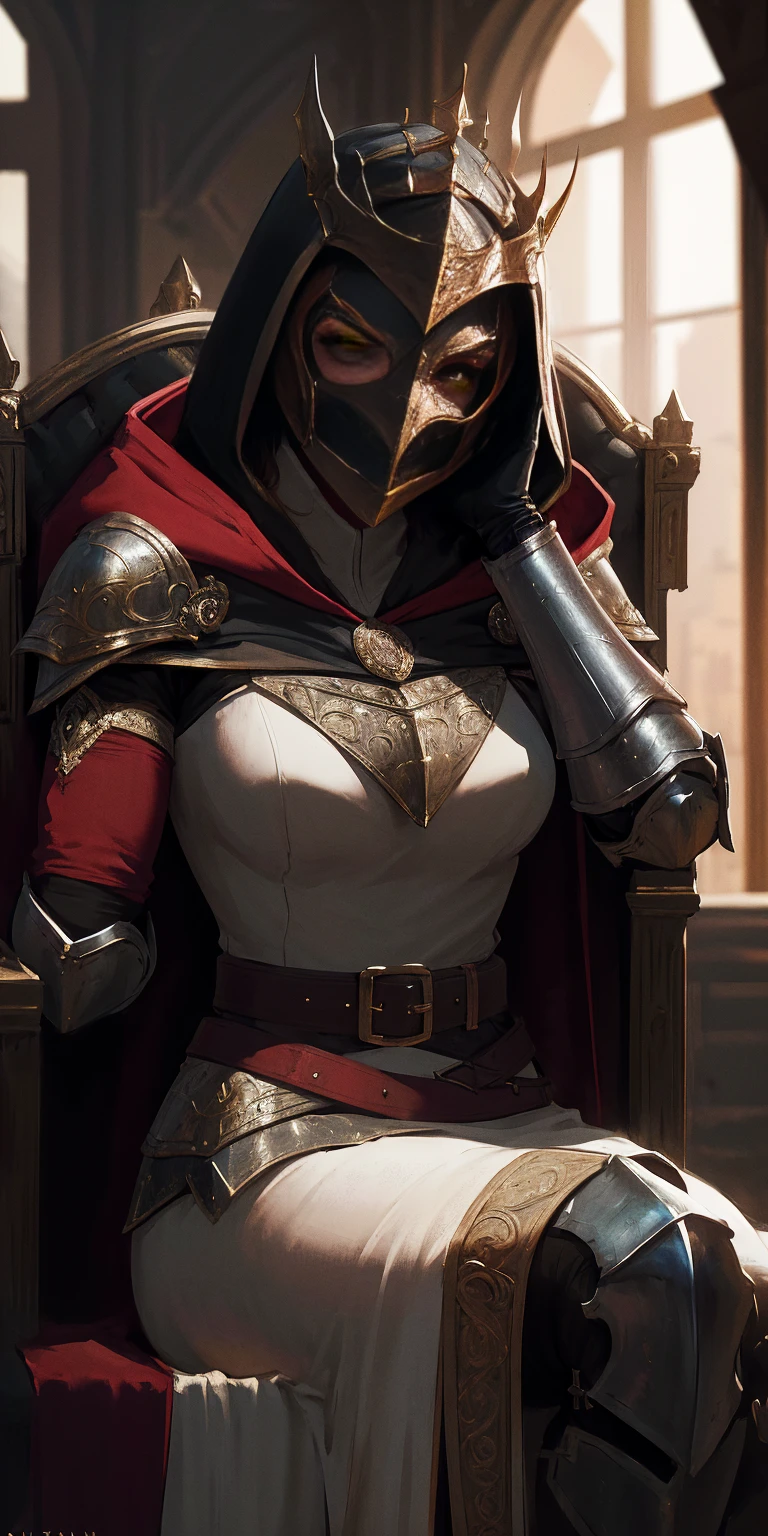 (masterpiece, best quality, absurdness, 4k, aesthetic, detailed, intricate, perfect lighting) cinematic angle, 1sologirl, sitting on throne, elbow rest, castle interior, mask, hood, cape, belt, armor, cloak, red gloves gauntlets, bkcrown