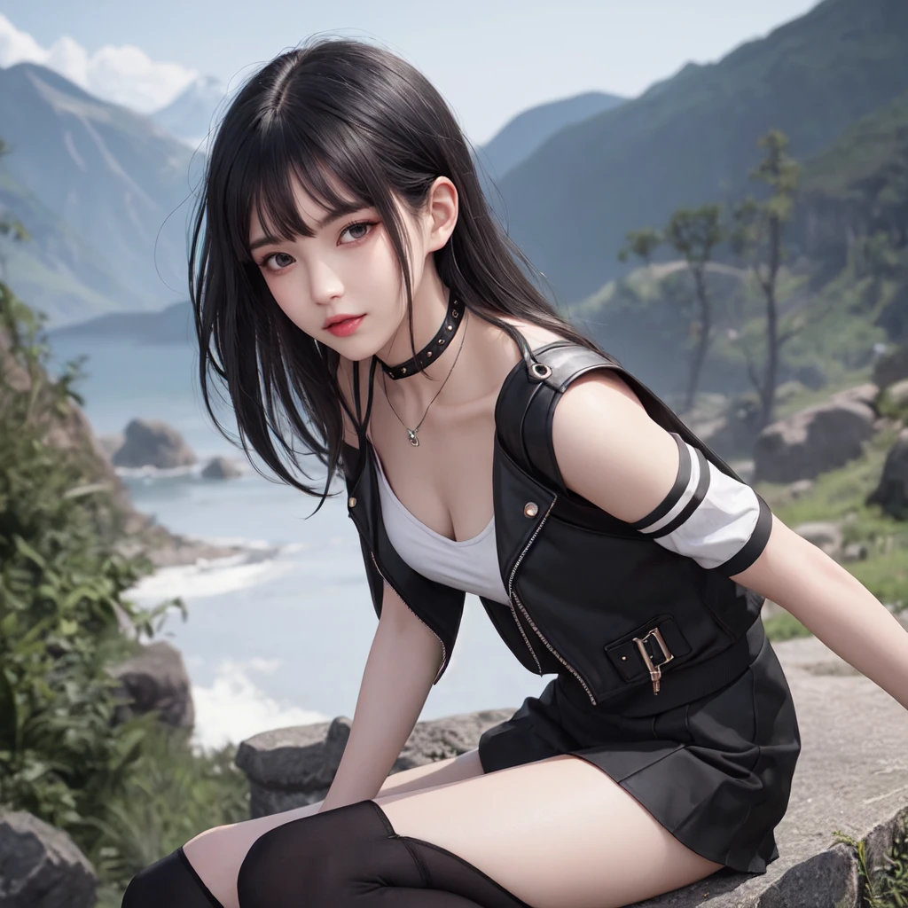 (best quality), masterpiece, Extremely detailed CG8K painting, high color, Extremely high color saturation, All colors are deepened, central composition, Extremely detailed light and shadow, The face and eyes are very detailed, medium length hair, sportswear, colorful clouds，beautiful nature，landscape，short black hair，white spaghetti strap dress，black hair，short hair，Punk style clothing，Black thin shoulder strap vest，Black skirt，Black small jacket，black knee socks，Medium breasts，white hair